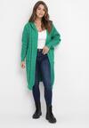 Zielony Długi Kardigan z Kapturem Ozdobiony Splotem Galemes