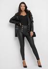 Czarne Spodnie Skinny Retro z Wysoką Talią Ozdobione Napami Kumia