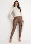 Brązowe Spodnie Skinny Retro z Wysoką Talią Ozdobione Napami Kumia