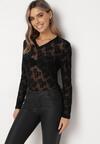 Czarna Bluzka z Siateczki i Welurowym Nadrukiem Roccos