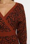 Brązowa Sweterkowa Sukienka Mini w Panterkę Ryalles