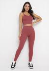Ciemnoróżowy 3-częściowy Komplet Dzianinowy w Prążki Top Bluza i Legginsy Doulli