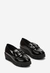 Czarne Lakierowane Mokasyny na Niskim Koturnie ze Skórzaną Wkładką i Klamrą Romella