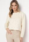 Beżowy Sweter z Dłuższym Włosiem i Kryształkami Hennilla