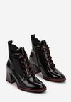 Czarne Lakierowane Botki na Słupku z Ozdobnym Sznurowaniem Psemma