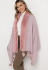 Jasnoróżowy Szeroki Szalik Narzutka z Pomponami i Futerkiem Naqila