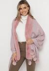 Jasnoróżowy Szeroki Szalik Narzutka z Pomponami i Futerkiem Naqila