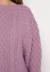 Fioletowy Sweter o Wydłużonym Fasonie z Modnym Splotem Ahexa