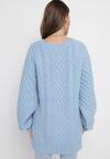 Jasnoniebieski Sweter o Wydłużonym Fasonie z Modnym Splotem Ahexa