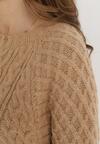 Beżowy Sweter o Wydłużonym Fasonie z Modnym Splotem Ahexa