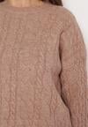 Ciemnobeżowy Sweter Ozdobiony Klasycznym Splotem Lacemisa