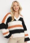 Beżowy Sweter Oversize z Ozdobnym Wzorem Dzianiny Mexio