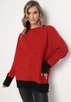 Czerwony Luźny Sweter w Kropki Alynnia
