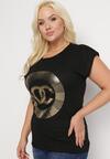 Czarny Bawełniany T-shirt z Metalicznym Nadrukiem Lapur