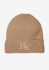 Ciemnobeżowa Dzianinowa Czapka Beanie z Haftem Adelheid