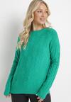 Zielony Sweter o Warkoczowym Splocie z Okrągłym Dekoltem Selinera