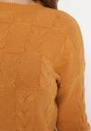 Brązowy Sweter o Warkoczowym Splocie z Okrągłym Dekoltem Selinera