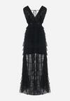 Czarna Sukienka Maxi z Kopertowym Dekoltem i Tiulowym Dołem z Wiązaniem na Plecach Cesudja