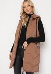 Brązowa Kamizelka o Wydłużonym Fasonie z Pikowaniem i Odpinanym Kapturem  Berovia