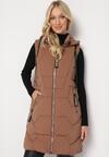 Brązowa Kamizelka o Wydłużonym Fasonie z Pikowaniem i Odpinanym Kapturem  Berovia