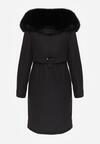 Czarna Kurtka za Kolano ze Ściągaczem i Kapturem z Futerkiem Adoresa