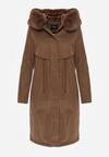 Brązowa Kurtka za Kolano ze Ściągaczem i Kapturem z Futerkiem Adoresa