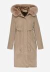 Beżowa Kurtka za Kolano ze Ściągaczem i Kapturem z Futerkiem Adoresa