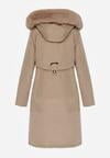 Beżowa Kurtka za Kolano ze Ściągaczem i Kapturem z Futerkiem Adoresa