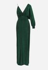 Zielona Błyszcząca Asymetryczna Sukienka Maxi z Rozcięciem i Kopertowym Dekoltem Aknasa