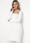 Biała Sweterkowa Sukienka Midi z Okrągłym Dekoltem i Ozdobnymi Cyrkoniami Adorne