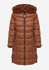Brązowa Pikowana Kurtka Płaszcz za Kolano z Kapturem i Futerkiem Naelora