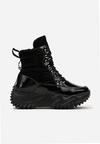 Czarne Lakierowane Sneakersy na Platformie z Wiązaniem Lorianah