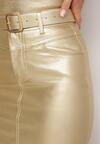 Złota Metaliczna Spódnica Mini z Imitacji Skóry z Paskiem z Klamrą Lelara
