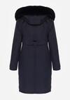 Granatowa Kurtka za Kolano ze Ściągaczem i Kapturem z Futerkiem Adoresa
