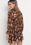 Czarno-Brązowa Sukienka Mini w Kwiaty z Ozdobnym Marszczeniem Vionarine