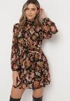 Czarno-Brązowa Sukienka Mini w Kwiaty z Ozdobnym Marszczeniem Vionarine