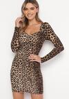 Brązowa Dopasowana Sukienka Mini z Marszczeniem Ticale