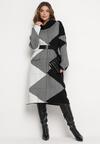 Czarna Sweterkowa Sukienka Midi o Luźnym Kroju z Golfem i Geometrycznym Wzorem Diverna