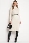 Jasnobeżowa Sweterkowa Sukienka Midi z Wełną z Golfem i Ozdobnymi Guzikami Cindra
