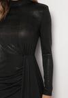 Czarna Dopasowana Sukienka Mini o Asymetrycznym Fasonie z Metalicznym Połyskiem Buttera