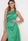 Zielona Asymetryczna Sukienka na Jedno Ramię z Kopertowym Dołem Emmellis