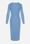 Niebieska Sweterkowa Sukienka Midi z Trójkątnym Dekoltem Rosenna