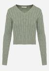 Zielony Sweter w Warkoczykowy Splot z Trójkątnym Dekoltem Goldria