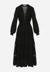 Czarna Rozkloszowana Sukienka Maxi z Gumką w Talii i Ażurowym Zdobieniem Binaella