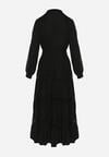 Czarna Rozkloszowana Sukienka Maxi z Gumką w Talii i Ażurowym Zdobieniem Binaella