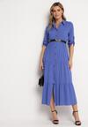 Niebieska Rozkloszowana Sukienka Maxi z Bawełny w Koszulowym Stylu Onecca