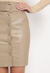 Ciemnobeżowa Spódnica Mini z Paskiem z Imitacji Skóry Idrala