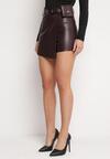 Ciemnobordowe Asymetryczne Szorty Spódnica z Ekoskóry z Dodatkowym Paskiem Horindia