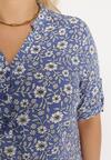 Niebieska Bluzka Koszulowa w Kwiaty z Wiskozowej Tkaniny Railen