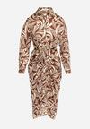 Brązowa Koszulowa Sukienka Midi z Satyny z Wiązaniem w Talii i Nowoczesnym Wzorem Nairev